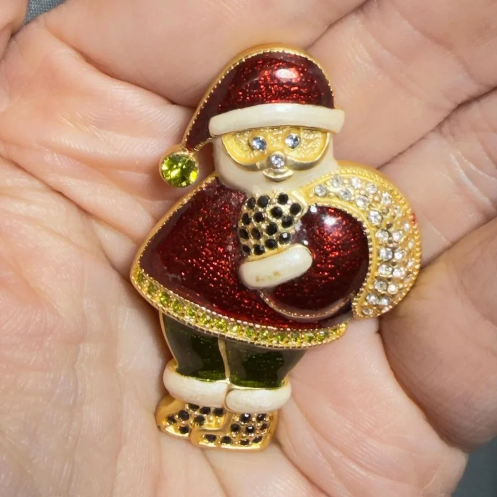 Santa Brooch Rhinestone Enamel Christmas Pin Gold Tone 2”